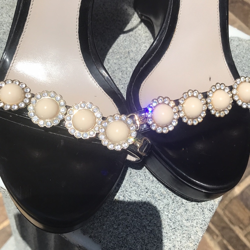 JASON WU Black Patent Leather Pearly Gem Wedge Ankle Strap